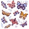 Butterflies Fluttering with Wings and Floral Twigs Vector Set