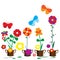 butterflies flying above potted stylized flowers