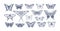 Butterflies in vintage style set. Outlined sketches of flying insects, moths species collection. Retro detailed line