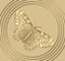 Butterfly in circle shape, golden embossed design element, gold relief with 3d effect on light gold background