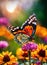 a butterfly collects pollen on flowers. Selective focus.