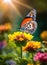 a butterfly collects pollen on flowers. Selective focus.