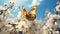 Butterfly on delicate white spring flower in soft morning sunlight, serene easter spring nature.