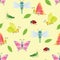 Butterfly, dragonfly, grasshopper and ladybug seamless pattern. Vector illustration of cute funny insects and bugs and green leaf