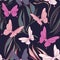 Butterfly fabric pattern. Foliage leves and beautiful flying insects spring objects. Summer cloth, vintage decorative