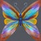 Butterfly fantasy exotic colorful drawing, gorgeous rainbow metallic colors on grey background ai Generated, generative AI, CGI