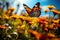 Butterfly on the flower with blue sky in the background. A charming close-up of a butterfly pollinating a vibrant field of