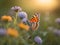 A butterfly gracefully resting on a vibrant wildflower at dawn