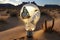 butterfly inside a light bulb on the background of the desert. Earth day.