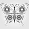 Butterfly with lace pattern on wings, monochromatic white and black calligraphic drawing on gray background. Vector design element