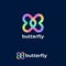 Butterfly logo. Love emblem. Dating website logo. Cosmetic logo. Two colorful twisted hearts on a dark background.