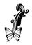 Butterfly and musical instrument - violin neck black and white vector design