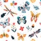 Butterfly pattern. Flying butterflies moths and summer flowers. Seamless fashion trendy fabric texture. Vector wallpaper