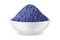 Butterfly pea flower powder or blue matcha in round bowl isolated on white. Front view