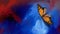 Butterfly on sacrificial blood splatter and blue brushstrokes graphic background