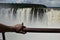 A butterfly sits on a tourist& x27;s arm against the backdrop of a waterfall. Puerto Iguazu, Argentina