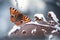 butterfly on snow-covered branch, surrounded by crisp winter scenery