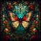 a butterfly in a stained glass window with flower detail framed with an ornament. Generative AI