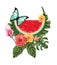 Butterfly with tropical watermelon and exotic flowers