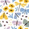 Butterfly and wildflower seamless pattern. Cute doodle hand drawn insects in trendy pastel colors.