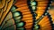Butterfly Wing. Closeup butterfly wing orange, black, and green. Iridescent, background wallpaper texture.