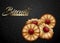Buttery cookies with red jam on black pattern background. Biscuits wrapping pastry label design. Golden heading