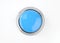 Button 3d render icon - start glossy blue simple circle with switch sign, round shutdown metal element