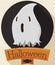 Button with Ghost Design and Candy Silhouette for Halloween Celebration, Vector Illustration