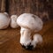 Button mushrooms growing with soil, presented over a wooden board