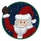 Button with Santa Claus Saluting in a Snowy Night, Vector Illustration