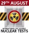 Button with Warning Tape for International Day Against Nuclear Tests, Vector Illustration