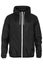 Buttoned black windbreaker jacket with hood on white background