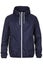 Buttoned navy blue windbreaker jacket with hood on white background
