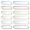 Buttons. Black, green, blue, golden, grey and red lines on white simple stickers, rectangle with rounded corners.