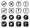 Buttons. Check mark and cross with question and exclamation signs, isolated. Signs collection in circle and square in flat style