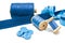 Buttons, zipper and spools of blue thread