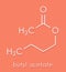 Butyl acetate molecule. Used as synthetic fruit flavoring and as organic solvent. Skeletal formula.