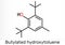 Butylated hydroxytoluene, BHT, dibutylhydroxytoluene molecule. It is lipophilic organic compound, antioxidant, food additive E321