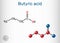 Butyric acid, butanoic acid molecule. Butyrates or butanoates are salts and esters. Sheet of paper in a cage. Structural chemical