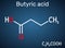 Butyric acid, butanoic acid molecule. Butyrates or butanoates are salts and esters . Structural chemical formula on the dark blue