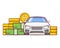 Buy car.Rent vehicle.Money coin and cash. Banner dealer concept flat vector.