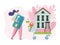 Buy new home vector illustration, flat tiny cartoon woman owner character pushing shopping cart with house, buyers