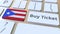 BUY TICKET text and flag of Puerto Rico on the buttons on the computer keyboard. Travel related conceptual 3D animation