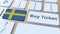 Buy ticket text and flag of Sweden on the buttons on the computer keyboard. Travel related conceptual 3D animation