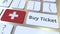 Buy ticket text and flag of Switzerland on the buttons on the computer keyboard. Travel related conceptual 3D animation