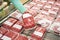 Buyer woman chooses chopped meat in shop