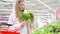 Buyer young woman choosing green leafy vegetables in grocery store.