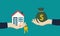Buying house. Agent of real estate holding in hand house, key. Buyer, customer gives money bag. Vector illustration flat design