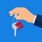 Buying a new home. Real estate agent gives a home keychain to a buyer. Vector illustration