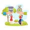 Buying property house real estate to young family vector illustration. Happy clients have bought house and receive keys